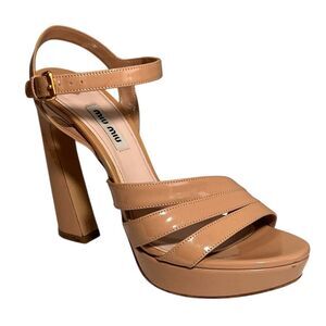 Miu Miu Vernice Block Heel Platform Sandals Size 37 1/2 Tan Nude